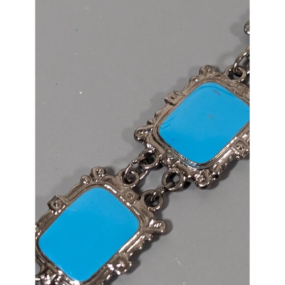 Retro Blue Enamel Gray Metallic Book Link Chain Bracelet 7.5" - Picture 4 of 10